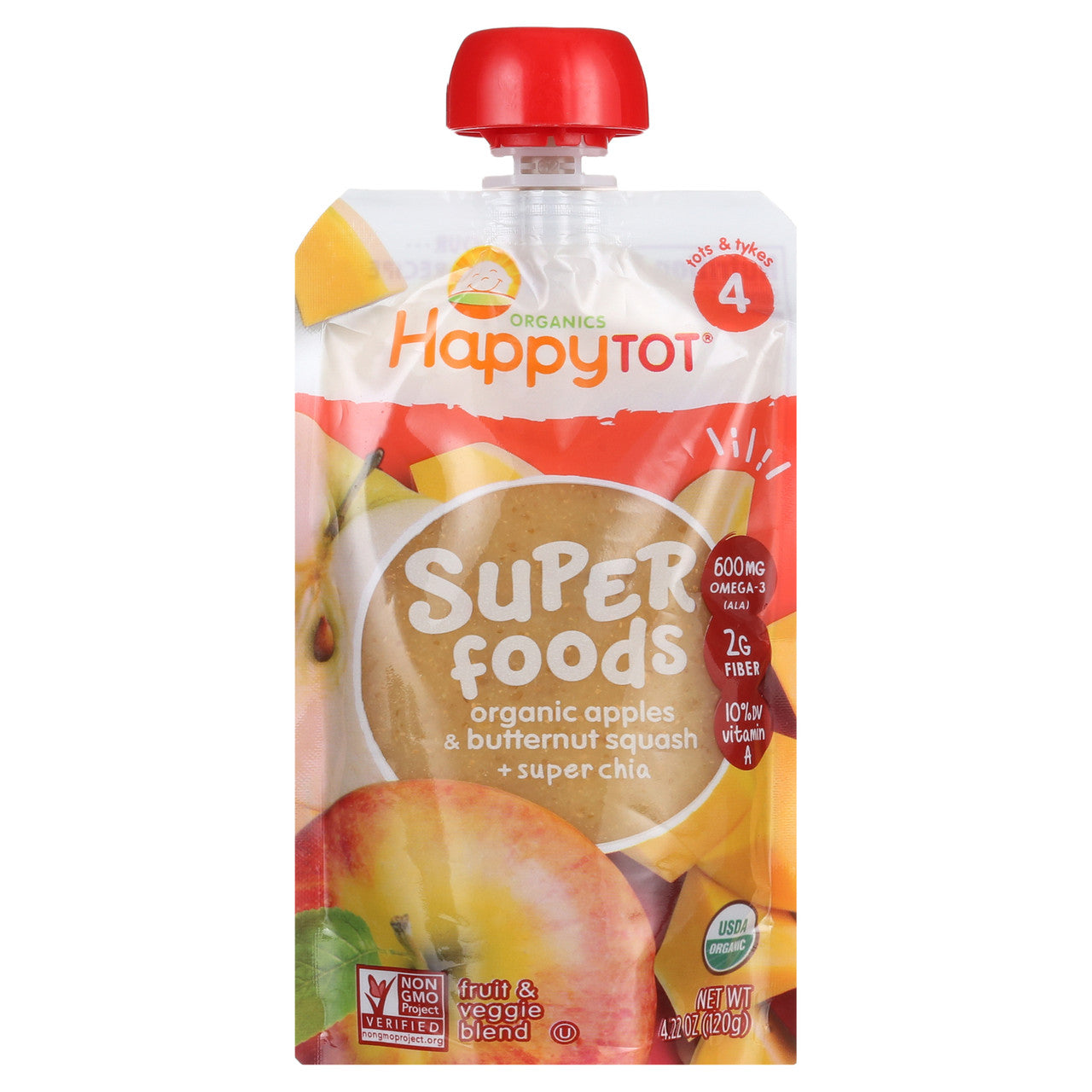 Happy Tot Organic Stage 4 Pouch Food Apple & Squash (16x4.22 Oz)